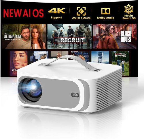 Lisowod 4K Outdoor Projector - Smart AI Moving 2.0 OS with WiFi & Bluetooth | 50W Dolby Audio, HDR10+
