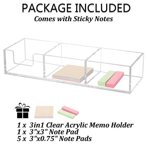 Dealpoli Acrylic 3in1 Sticky Note Holder Desk Organizer, 11.8" x 3.9" x 2.3" Self-Stick Memo Pad Dispenser for School Office Home Post Bank with 3 Compartments (DP003)