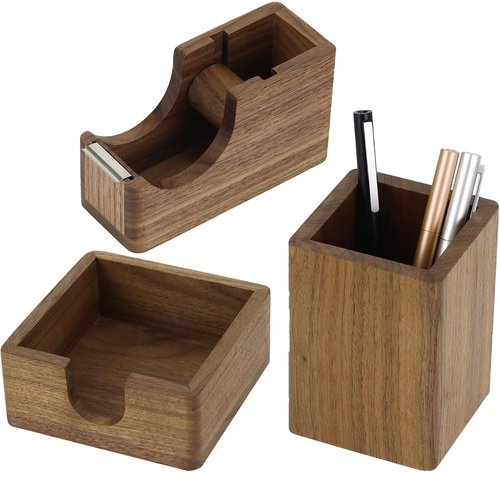 Buqoo 3 Piece North American Black Walnut Wood Desk Organizer Set with 3x3 inch Sticky Note Holder and Tape Dispenser & Pen Holder for Office Desk Accessories & for Schoo N Home Office Supplies Kit