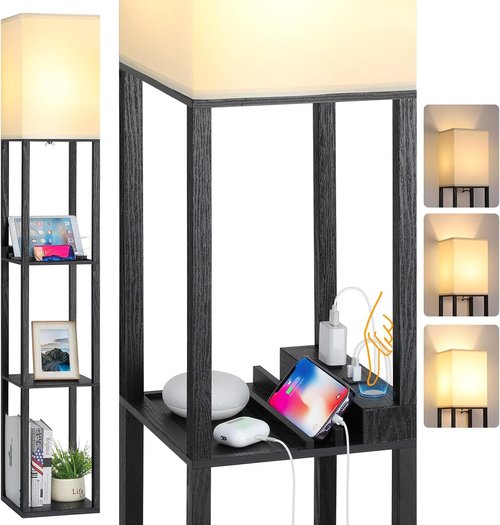 FOLKSMATE LED Floor Lamp - 3-Way Dimmable Touch Control with USB Charging Ports & Shelves | Modern Design for Bedroom & Living Room