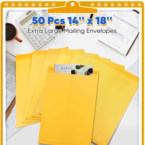 50 Pcs 14'' x 18'' Large Mailing Envelopes Extra Large Mailing Envelope 32lb 150Gsm with Gummed Flaps, Catalog Jumbo Craft Envelopes for Mail, Storage Documents Office Supplies