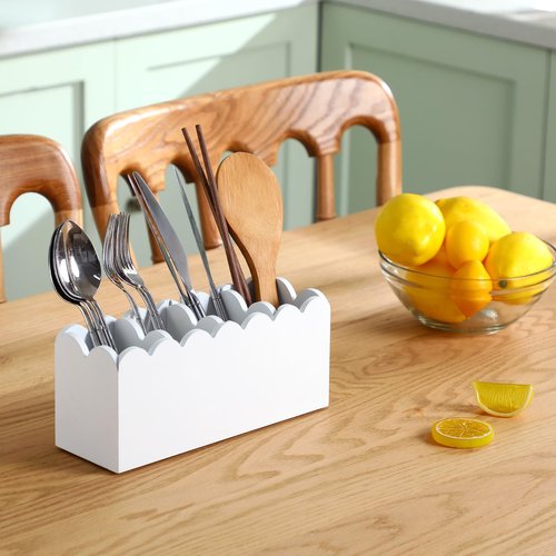 Sherr Scalloped Wooden Pencil Holder for Desk Wooden Office Desk Organizers and Accessories with 4 Compartments Cute Makeup Brush Holder Organizer for Bathroom Remote Caddy for Table for Party