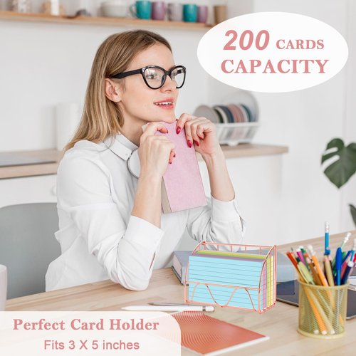2 PCS Index Card Display Stand 3x5 Inch Business Card Stand Gold Metal Index Card Holder Greeting Cards Holders Capacity 200 Sheets Business Cards Organizer Desk Table Home Office (Rose Gold)