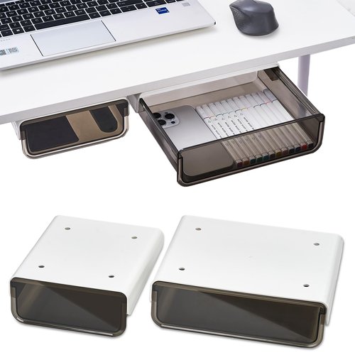OrgaFocus 2 Pack Under Desk Drawer Slide Pull Out Plastic Organizer, Attachable Clear Black Acrylic Self Adhesive Mount Hidden Storage for Office & Home, Kitchen, Cabinet, Table, Counter, Space Saving