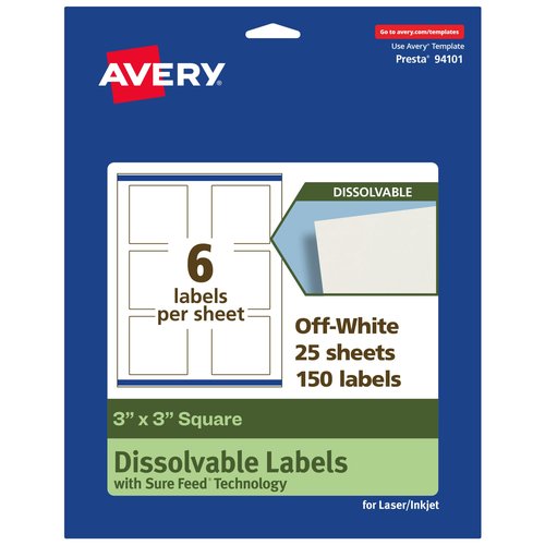 Avery Dissolvable Square Labels, Sure Feed Technology, 3" x 3", Matte White, Print-to-The-Edge, Laser/Inkjet Printable, 150 Labels Total