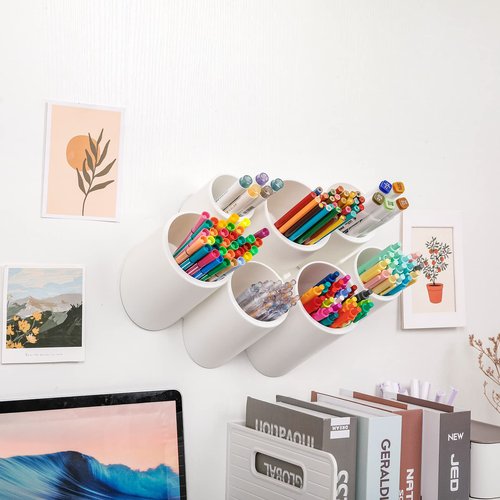 Yesesion Aesthetic Pencil Holder for Desk, Large Decorative Adhesive Wall-Mounted Pen Organizer with 7 Compartments, Round Marker Case Stand for School Supplies, Office, Home, Art, Stationery (White)