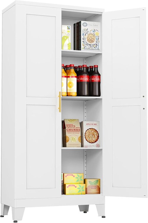 Pozdeg Metal Storage Cabinet - 61" Tall Steel File Cabinet with 2 Doors & 3 Adjustable Shelves | Versatile White Storage for Home, Office, Garage, or Outdoor Use