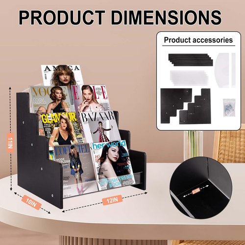 Kesiya Greeting Card Display Stand Holder, 4-Tiered Wooden/Acrylic Organizer Rack for Sticker,Postcard,Brochure,Photos,Picture& Stationery Vendors,Retail Stores (Black)