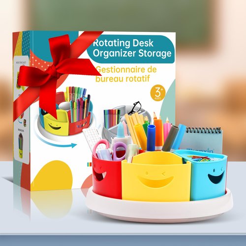 Tomkids Art Supply Storage Organizer - 360 Degree Rotating Desk Organizer for Classroom and Home School Supplies