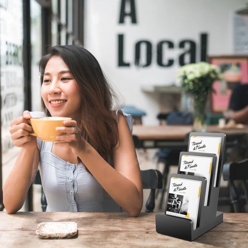 2 Pieces 3-Tier Black Brochure Holder Display Brochure Display Stand Wood Black Trifold Brochure Organizer Pamphlet Display Stand Literature Holder Countertop Book Display Rack for Magazine Booklets