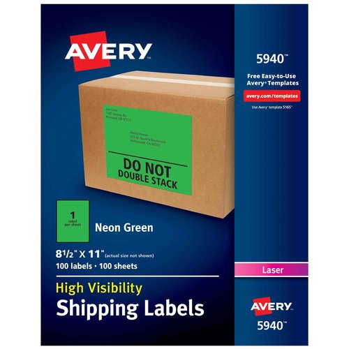 Avery Neon Shipping Labels for Laser Printers, 8-1/2" x 11", 100 Green Labels (5940)