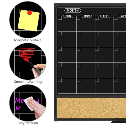 JILoffice Magnetic Black Calendar Dry Erase Board & Bulletin Board Combo, 36 x 24 Inch Dry Erase Board for Liquid Chalk Markers, Black Aluminum Frame for Office Home and School with 10 Push Pins