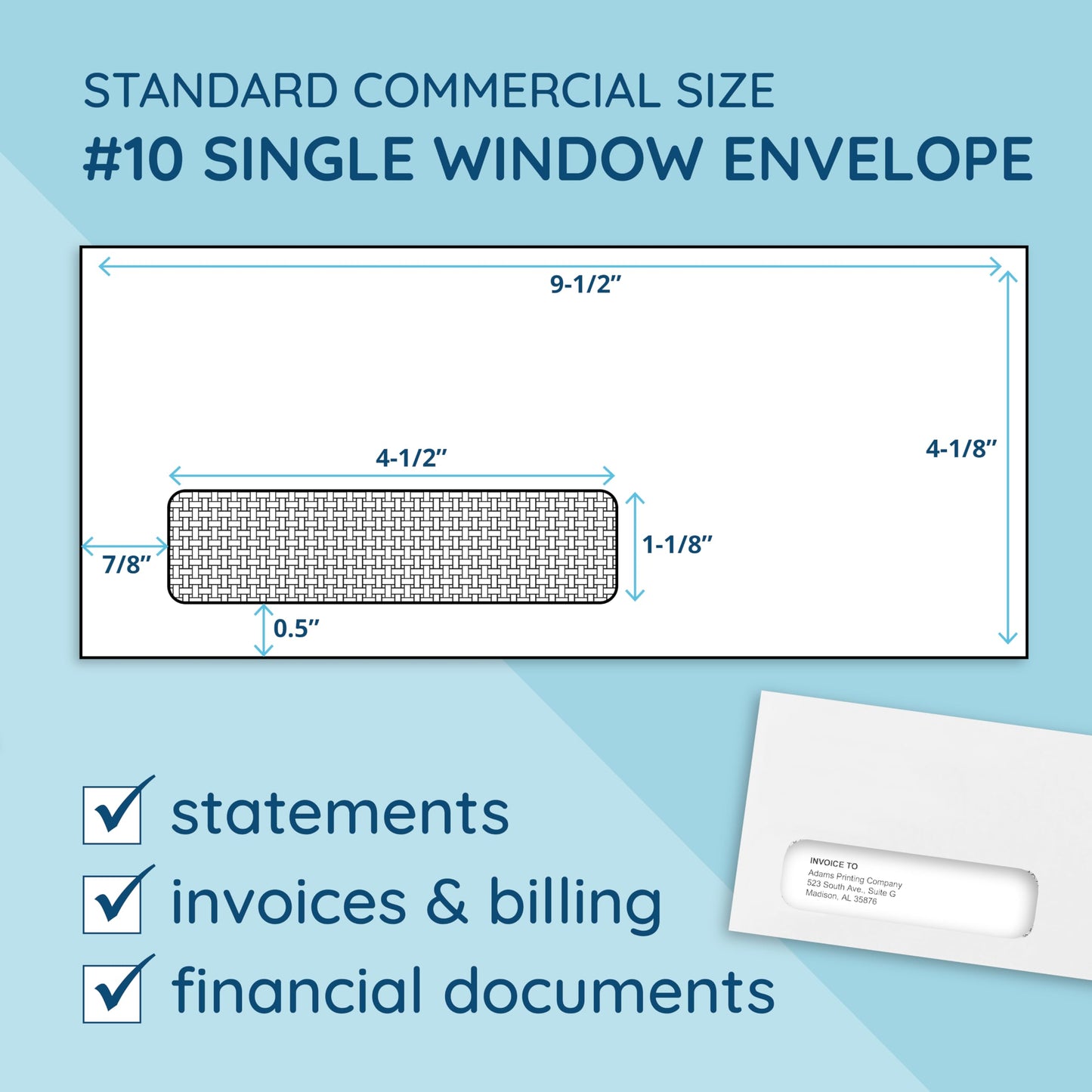 Blue Summit 500 Left Window Envelopes Self Seal #10 -QuickBooks Invoices, Checks and Letter Size Business Statements - Single Window Envelopes Self Seal #10 with Security Tint. 4 1/8 X 9 1/2, 500 Pack