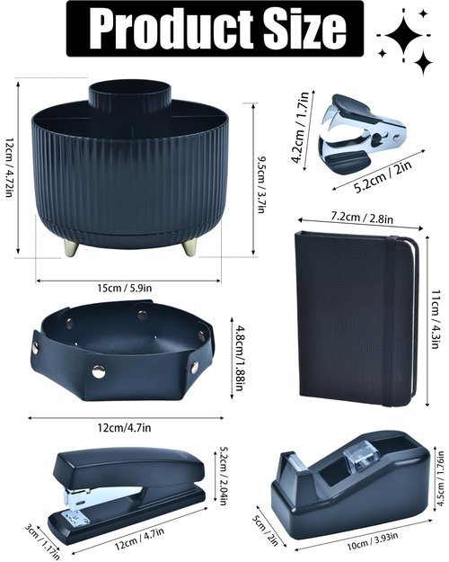 Black Desk Accessories, Office Supplies 360°Pen Holder Desk Organizers, With Tape Dispenser, Stapler, Staple Remover, Ect, Elevate Your Workspace With Sleek Black Sophistication, Back to School