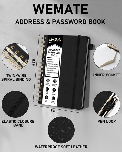 WEMATE Spiral Address Book with Alphabetical Tabs, Leather Password Book, Address Organizer Telephone Notebook Journal Keep Contact Safe Hardcover Large Print for Seniors Home Office 5.8″×8.2″, Black