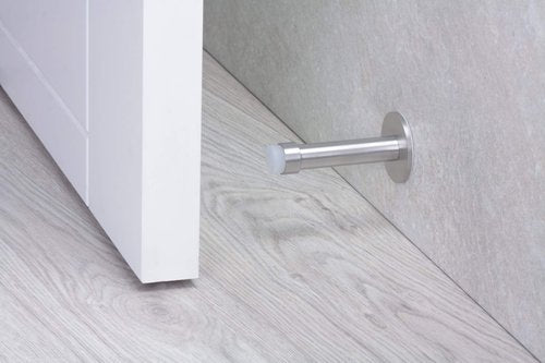 Adhesive Door Stop for Wall Mounting | Length: 3,5" | Stainless Steel | White Rubber | Anti Shock Absorber | 040128ADAM | EVI Hardware