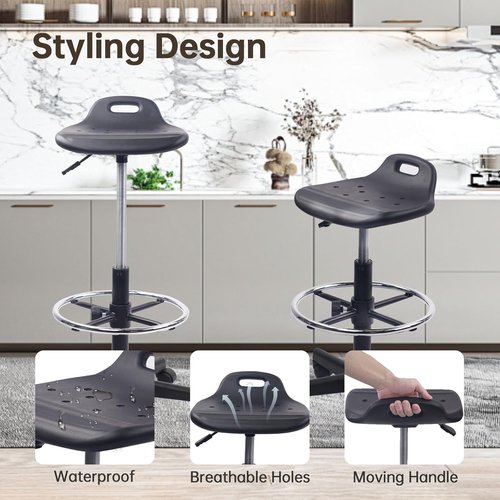 KLASIKA Adjustable Height Drafting Rolling Stool - Breathable Cushion & Foot Rest | Black, Multi-Purpose Design