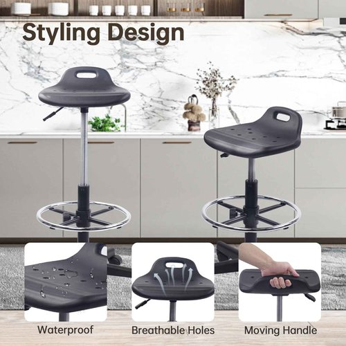 KLASIKA Drafting Rolling Stool Adjustable Height with Foot Rest Breathable Seat Cushion Swivel Stools with Wheels, Multi-Purpose Work Stool for Shop, Task, Salon, Black, 1 Pack