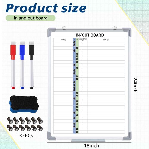 Lincia in and Out Magnetic Dry-Erase Board 24" x 18" Aluminum Framed White Board with Lines 33 Names with Magnetic Dry-Erase Marker, Eraser, and 35 Magnets Wall-Mounted for Office Employee