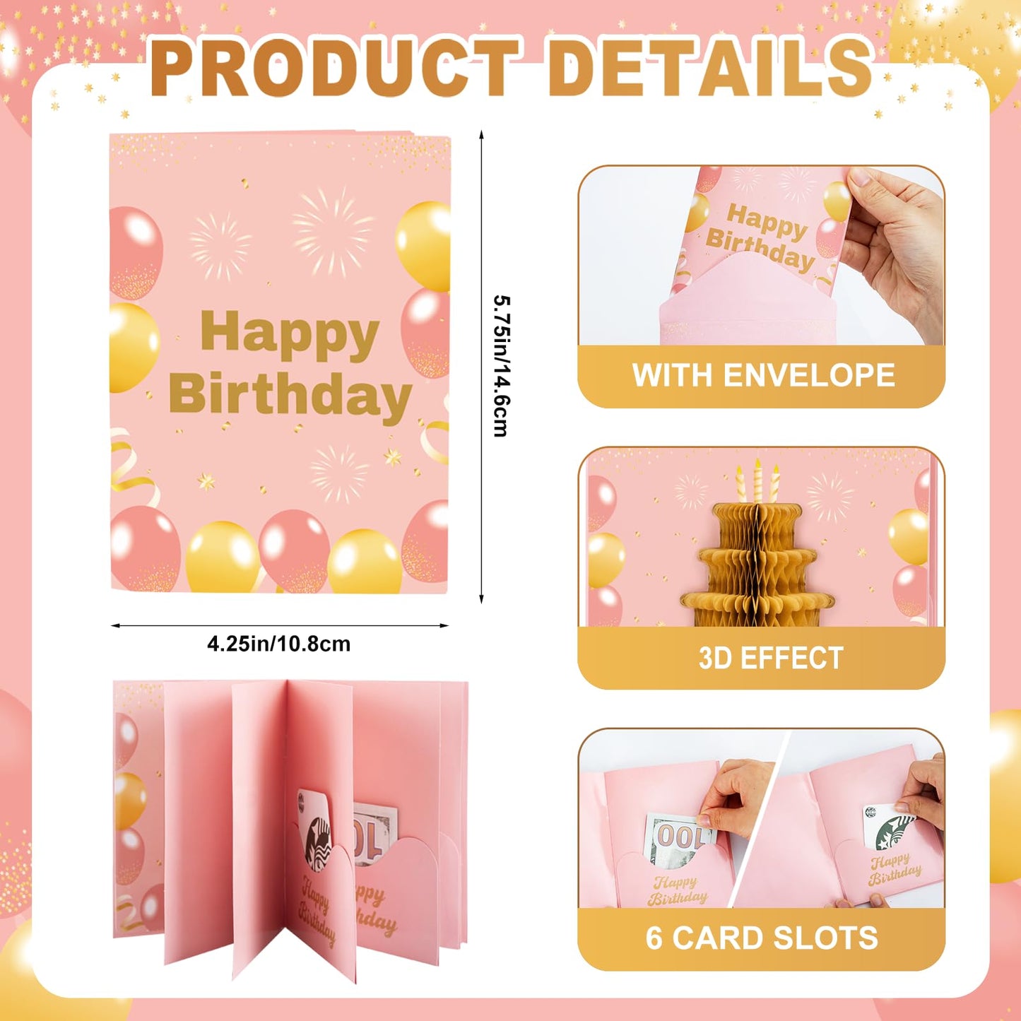 6 Slots 3D Happy Birthday Gift Card Booklet with Envelopes 3D Honeycomb Birthday Money Holder for Cash Gifts Surprise Money Card Sleeves Book Money Gift Ideas for Teacher Employee Friends (Pink)