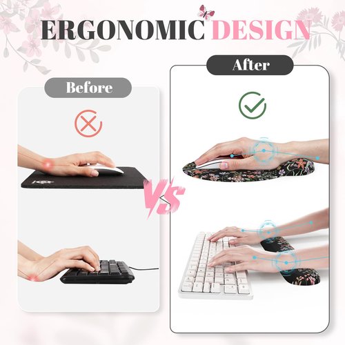 iCasso Desk Mat Set,Large Mouse Pad with Wrist Rest,Ergonomic Keyboard Wrist Support for Women,Girly Floral Computer Mat with Scalloped Edges,Non-Slip Desk Pad Home Office Gaming (Black)