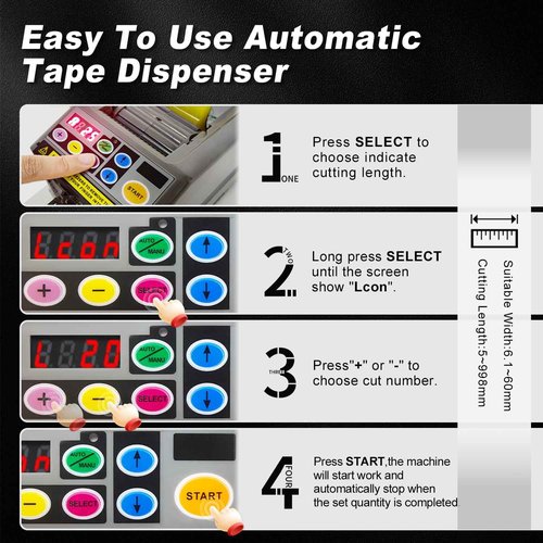 Ribbon Cutting Machine, Automatic Tape Dispenser Cutting 6-60mm Width 999mm Max Cutting Length, Electric Tape Cutting Machine for Office Shipping, Businesses, Home Use