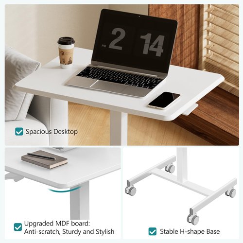 OLIXIS Small Standing Desk Adjustable Height, Portable Rolling Table on Wheels, 19 Inch Computer Mobile Desk Workstation for Home Office, White