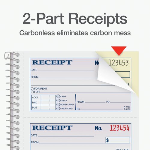 Adams Money and Rent Receipt Book - 2-Part Carbonless, 5-1/4" X 11" - Spiral Bound, 4 Receipts Per Page, 300 Sets per Book, 3 Pack