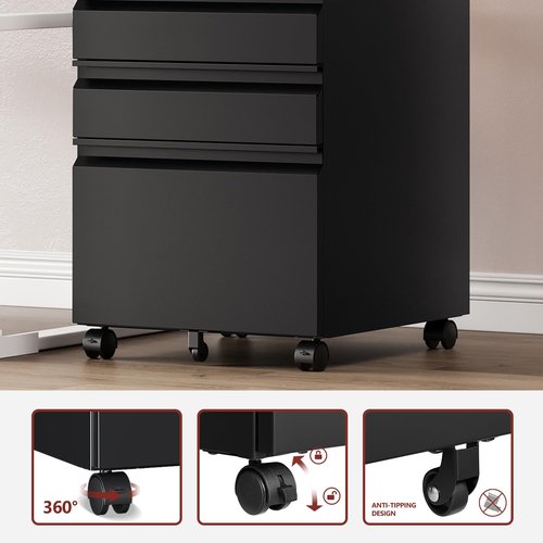 RAVIGIN 3 Drawer File Cabinet，Mobile Filing Cabinet with Lock and Wheels，Un-Assembled Metal Under Desk File Cabinets for A4/Letter/Legal Size（Black