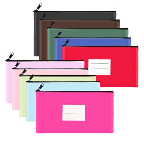 10-Pack Money Bags with Zipper, PU Leather Cash Pouches with Label, 11 x 6 Inches, Bank Deposit Bag for Coins, Bills, Checks, Invoices, Cosmetics, Tools, 10 colors