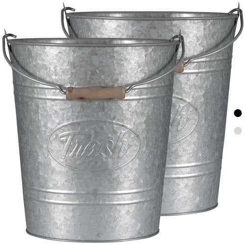 Pack 2, Rustic Farmhouse Bathroom Trash Can, Modern Country Style Galvanized Farm Metal Kitchen Trash Bucket, Large Vintage Waste Basket, Industrial Chic Bucket Garbage Can Bin, Western Garbage Pail