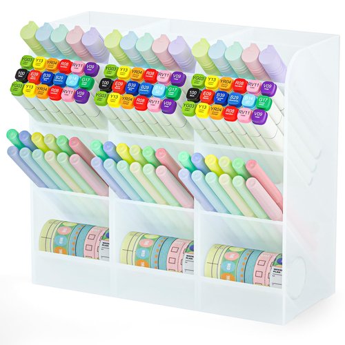 Asten Pen Holder, Pencil Holder for Desk, Pen Organizer for Office, School, Desktop, Large Capacity Pen Storage Organizer with 5 Compartment for Pens, Markers, Makeup Brush, Cosmetics (Clear, 3 Pack)