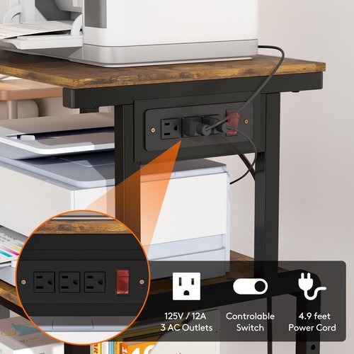 Lifewit 4 Tier Printer Stand with 3 Power Outlets, Wheels and Adjustable Storage Shelf for Home Office, Rolling Printer Cart for Shredder, Scanner, Fax, Rustic Brown