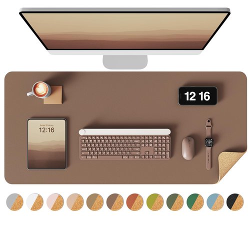 YSAGi Double-Sided Desk Pad, 31.5"x15.7"Leather Desk Mat, Eco Cork Desk Pad Protector,Large Mouse Pad,Waterproof Desk Blotter for Office/Home(Coffee)