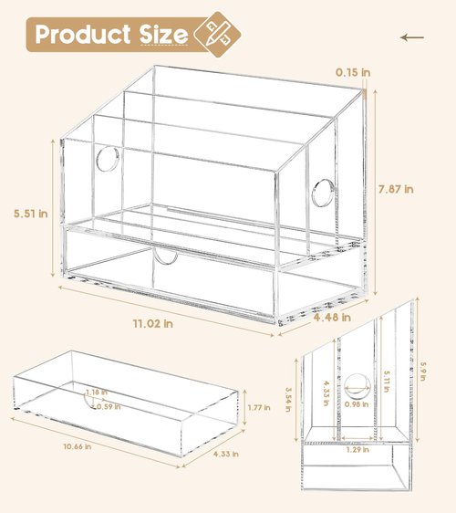 HOMEBROS Acrylic Desk Organizer, Clear Countertop File Organizer with Drawer, Office Mail Document Paper Sorter, 3 Compartments, Smalll