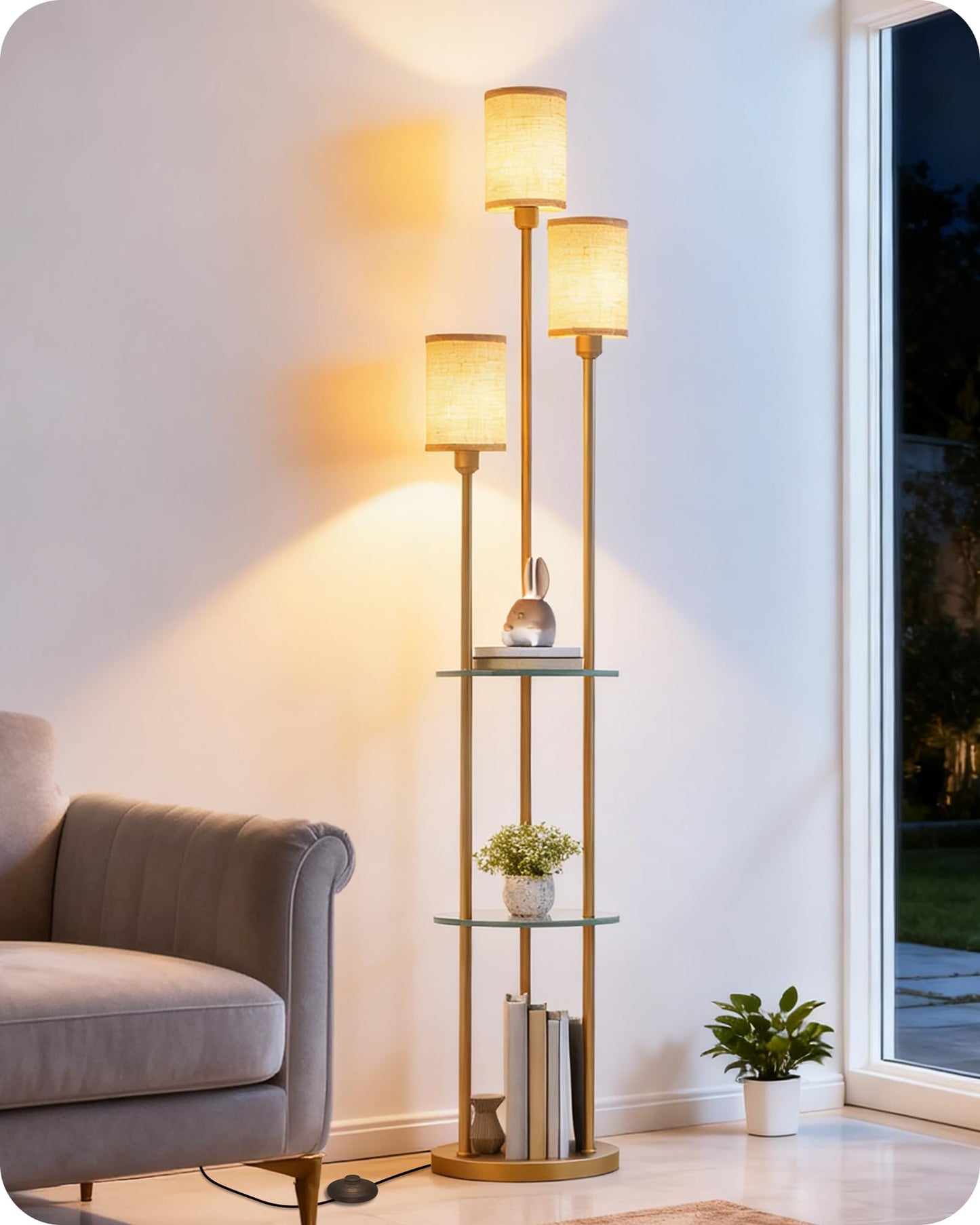 GOEBLESON Floor Lamp with Shelves, Modern Floor Lamp with 3 Linen Shades and Foot Switch, 3-Light Standing Lamp, for Living Room, Bedroom, Study, Office, Gold and Beige ED53LD05
