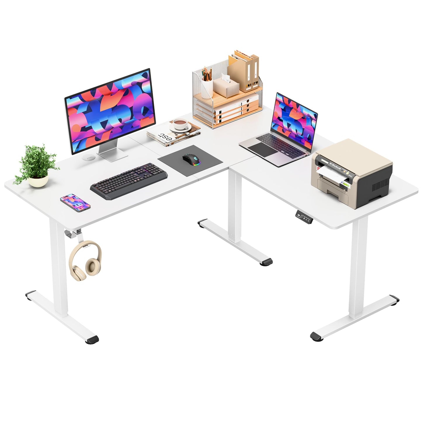 Furmax 63 x 55 Inch L Shaped Standing Desk with 2 Preset Heights, Electric Height Adjustable Computer Table, 2 Hooks & Feet Balance, Corner Sit Stand Desk for Home Office (White, 63 x 55 Inch)