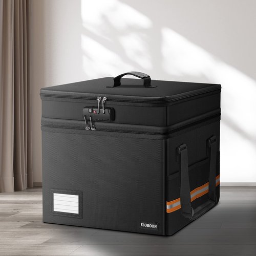 ELOBOON Fireproof Document Box with 13 Pockets Accordian File Organizer, Water-Resistant File Organizer Box with Lock, Collapsible File Storage Cabinet for Hanging Letter/Legal Folder, Black