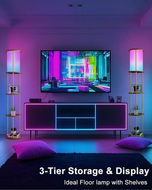 Lightdot 61" RGB Floor Lamp with Shelves - 3-Tier Storage Smart Remote Control Standing Lamp with Fabric Lampshade, E26 Bulb Included, Dimmable Floor Lamps for Living Room, Bedroom & Home Decor (Gold)