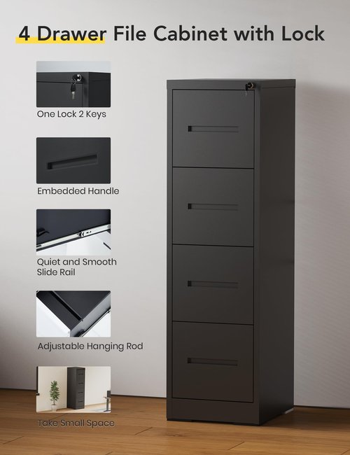 BUPPLEE 4 Drawer File Cabinet with Lock, Anti-Tip Metal Tall Filing Cabinet with Deep File Drawer,Vertical Modern White for Home Office,Steel Storage Cabinet Fit Letter/Legal/A4 Size Files