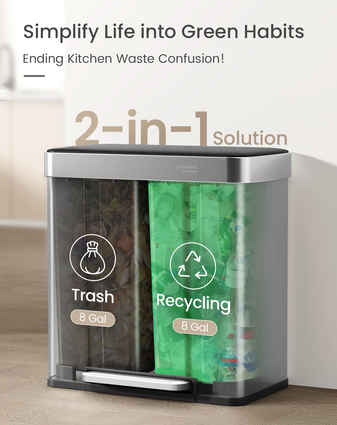 Cesun GreenGrin Kitchen Trash Can, 2x8 Gallon Dual Compartment Trash and Recycle Bin Combo, Double Stainless Steel Step Garbage Can with Lid,Recycling Push Flap,Removable Inner Buckets,30L+30L(Sliver)