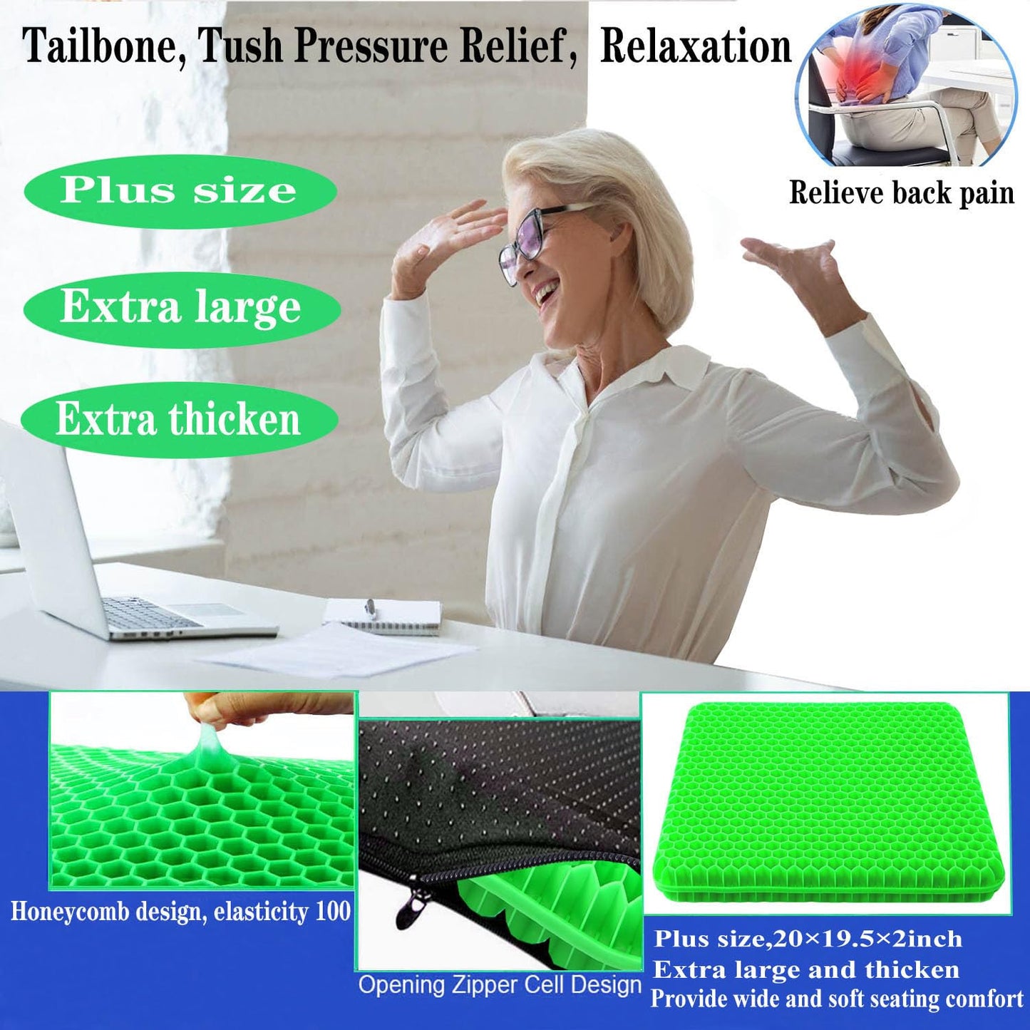Plus Size Gel Seat Cushion for Long Sitting, Extra Large and Thick Seat Cushion for Back, Hip, Sciatica, Tailbone Pain Relief, Used for The Office, Wheelchairs, Truck, Car, Recliner.(Grass Green)