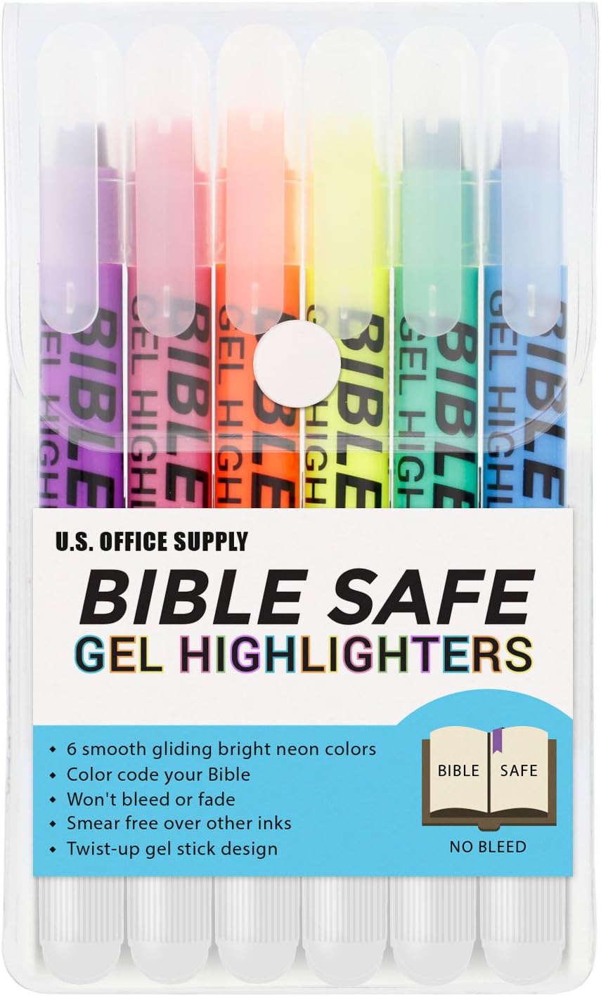 U.S. Office Supply Bible Safe Highlighter Set - 6 Bright Fluorescent Colors, No Bleed Gel Markers