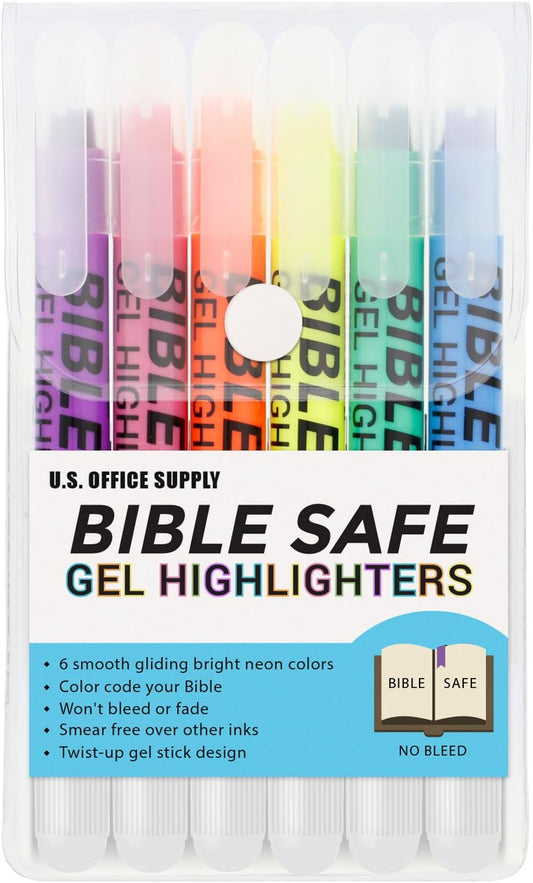 U.S. Office Supply Bible Safe Highlighter Set - 6 Bright Fluorescent Colors, No Bleed Gel Markers