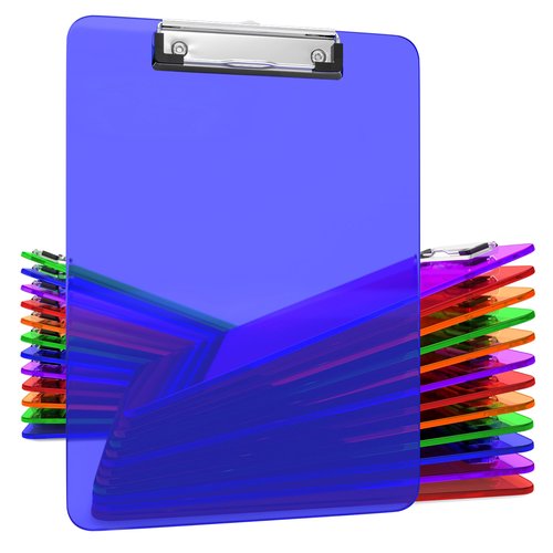 Kiggos 25 Transparent Colored Clipboards Bulk for Classroom Office Plastic Clipboard Low Profile Kids Clip Boards Standard Letter Size Holds 100 Sheets Hanging Hook Colorful Clip Board