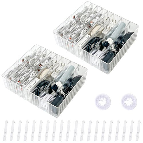 Yesesion Clear Cord Storage Box with Wire Ties, Plastic Cable Organizer for Drawer, Large Desk Accessories Case Container for Phone Charger, Battery, Art Crafts, Home Office Supplies, 2 Pack
