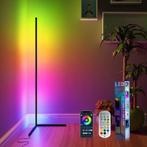 LAMJAD LED Corner Floor Lamp，Smart Color Changing LED Floor Light with Remote Control and App，Music Sync,Modern Mood，Scandinavian Style Ambient Light for Living Room Gaming Room，Easy to Install