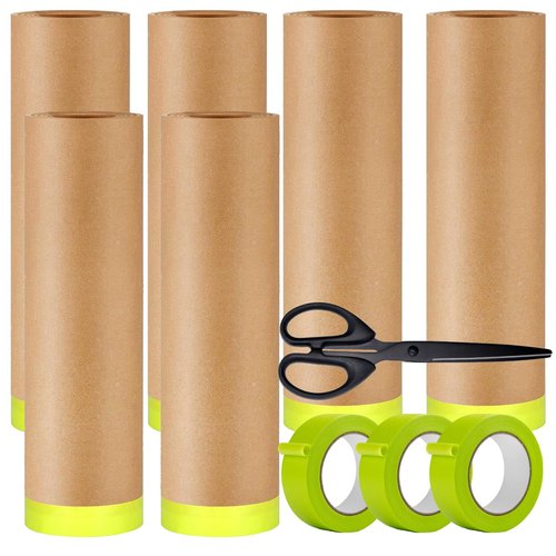 YUNXIHUI Masking Paper, 6 Rolls Automotive Paint Paper Roll with Tape, 18in x 50feet Assorted Sizes Tape and Drape, Paint Masking for Painting Car and Auto Body,Floor Protection, Wall Covering