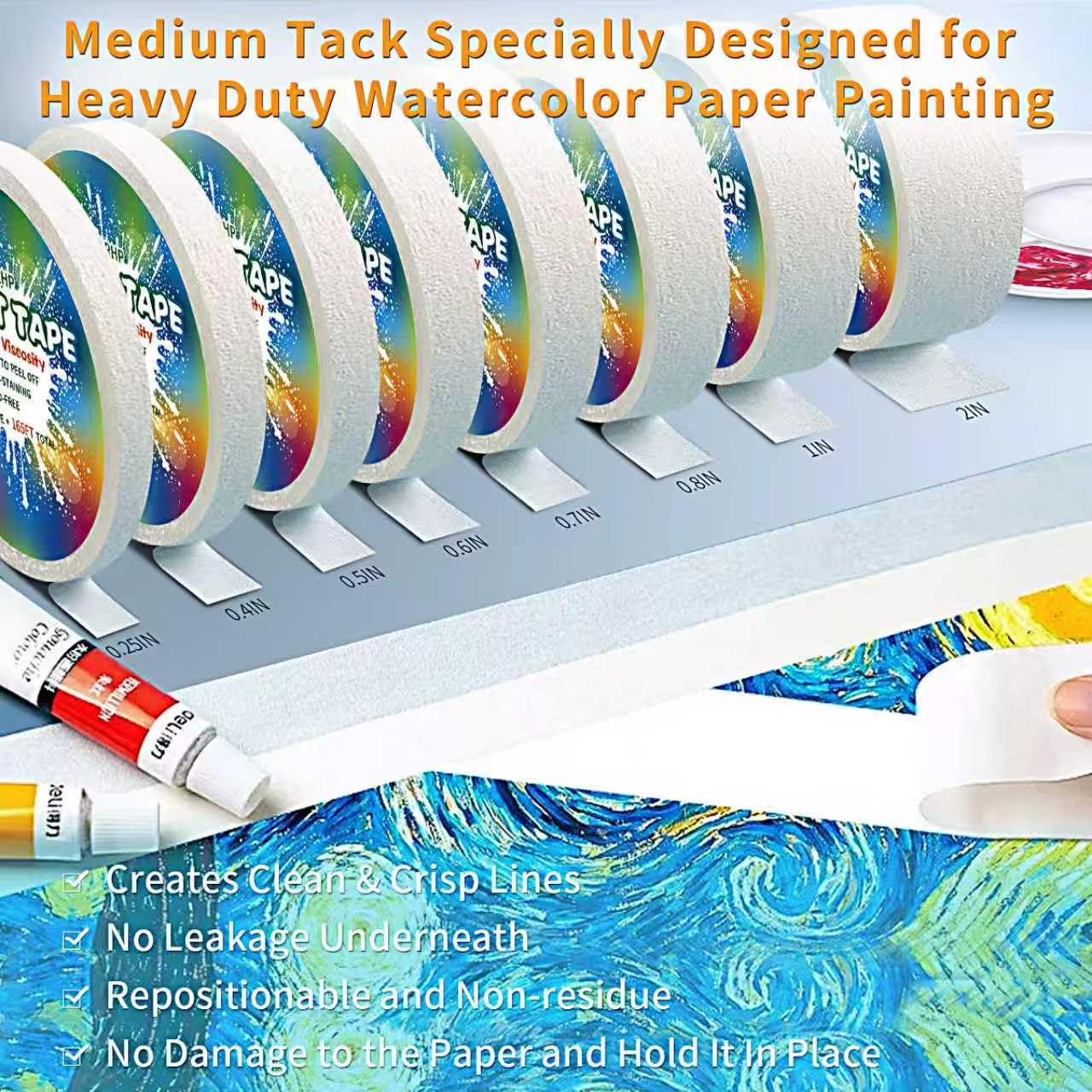 Skiennix White Art Tape - Medium Tack Acid-Free Masking Tape for Watercolor Painting | 0.4 Inch Wide, 165FT Long