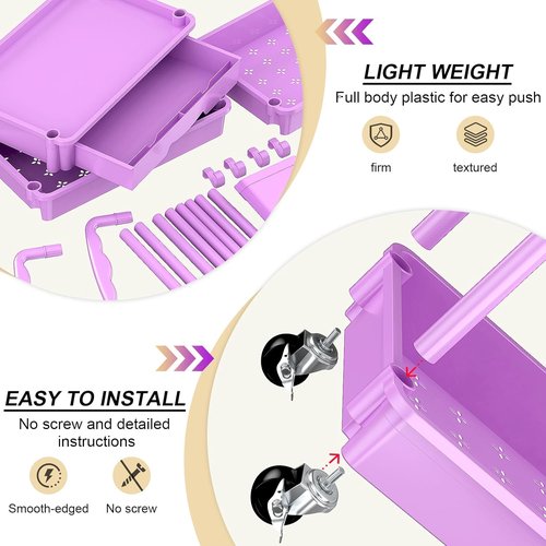 Goovilla 3-Tier Rolling Utility Cart - Sturdy Purple Organizer with Removable Drawer & Lockable Wheels